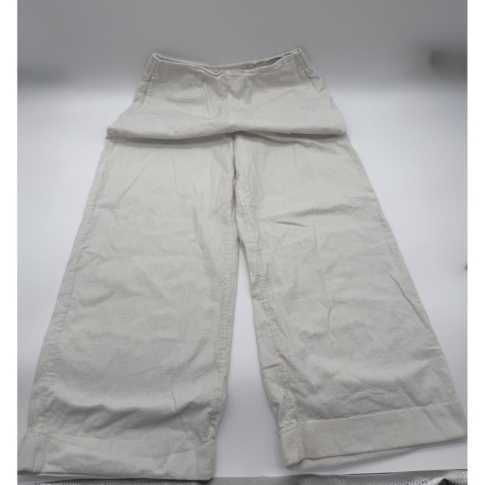 Roxy Womens Cream White Linen Blend Wide Leg Smocked Waist Beach Pants Small